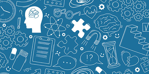Graphic image with a blue background and white overlaying elements featuring psychology-related icons, including a brain, a side profile of a person, and a magnet.